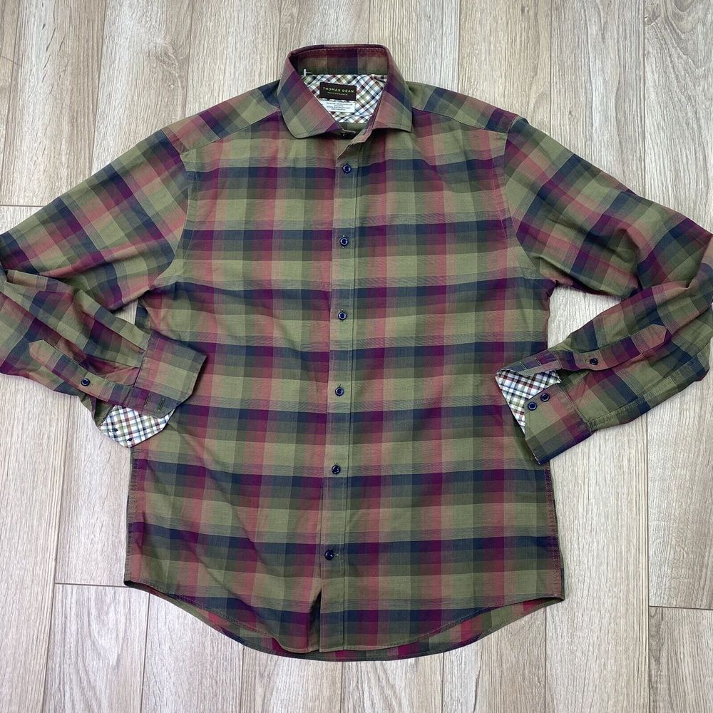 THOMAS DEAN Performance Button Down Shirt Small Purple Green Plaid Long Sleeve